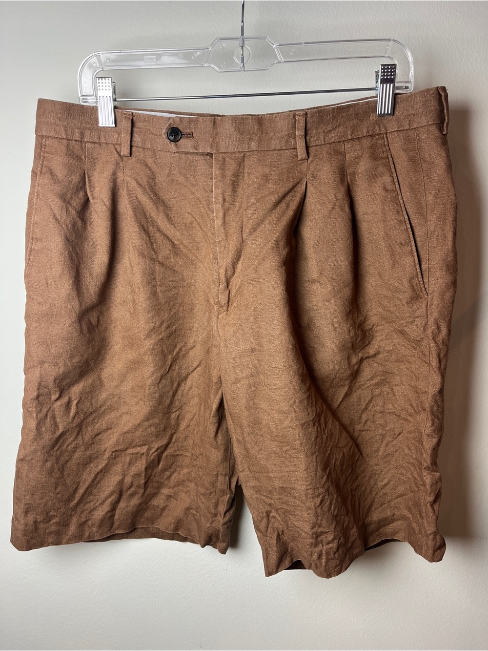 Men's Brown Pleated Linen Shorts Size 34 Preppy Summer Lightweight Minimalist